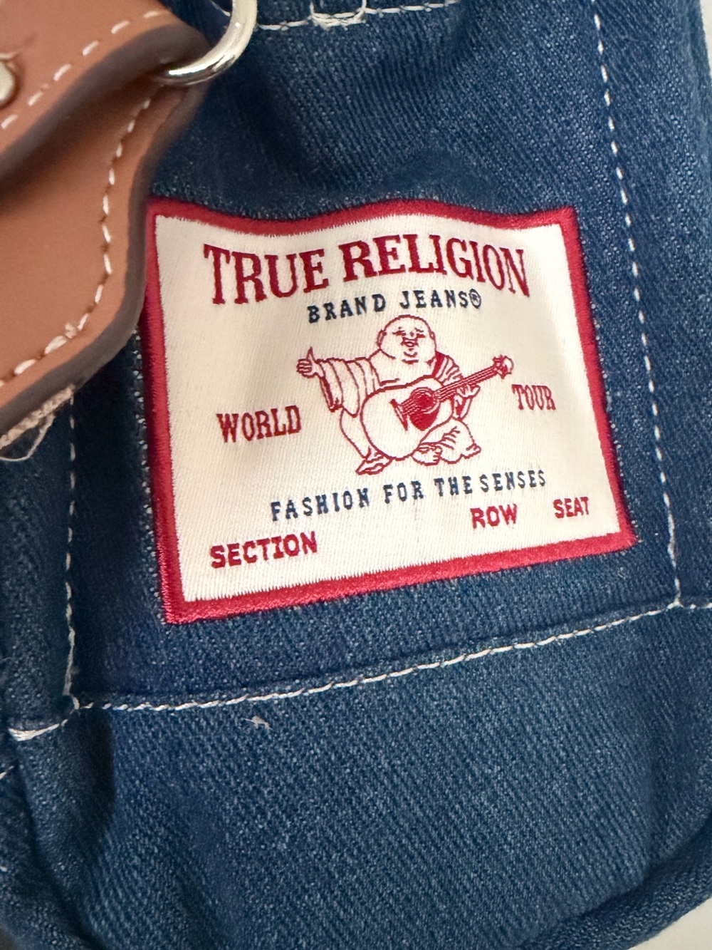 True Religion Denim Mini Tote Crossbody Bag Horseshoe Logo Y2K Blue Tan - Picture 3 of 8